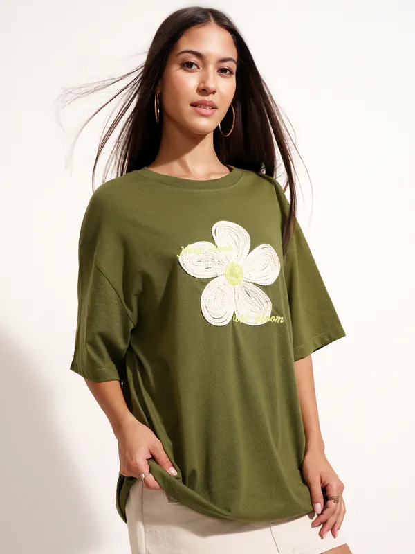 Tokyo Talkies Women Olive Applique Round Neck Oversized Fit T-Shirt