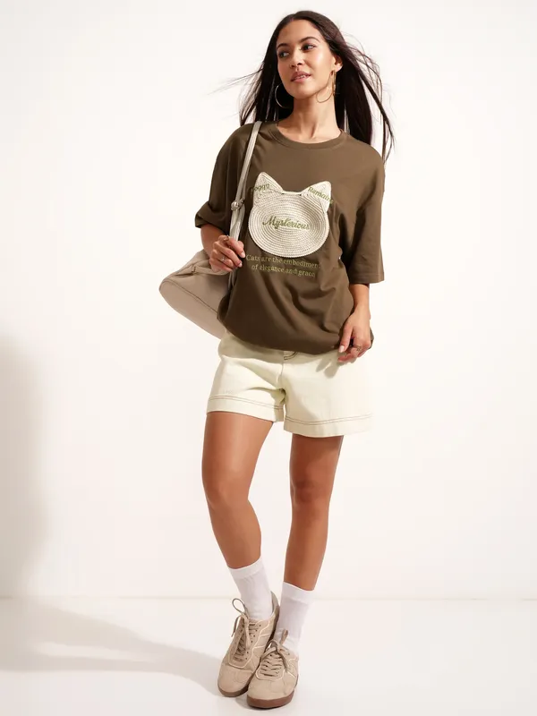Tokyo Talkies Women Brown Applique Round Neck Oversized Fit T-Shirt