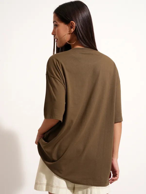 Tokyo Talkies Women Brown Applique Round Neck Oversized Fit T-Shirt