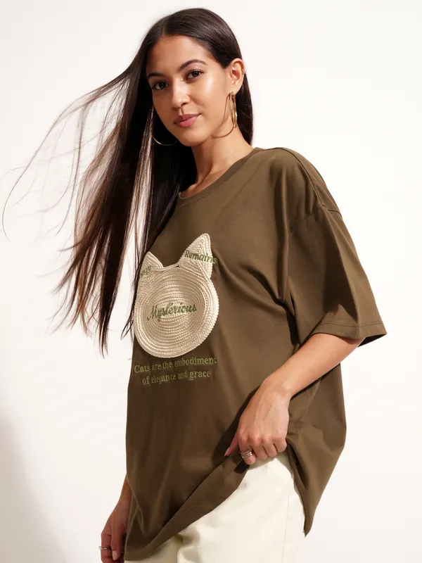 Tokyo Talkies Women Brown Applique Round Neck Oversized Fit T-Shirt
