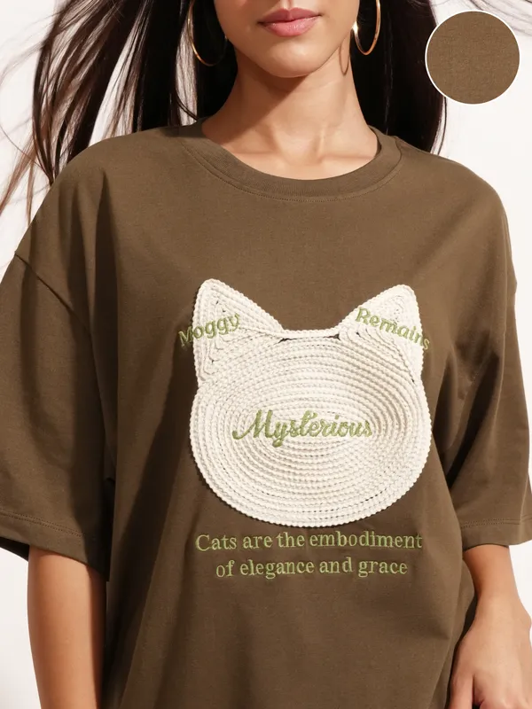 Tokyo Talkies Women Brown Applique Round Neck Oversized Fit T-Shirt