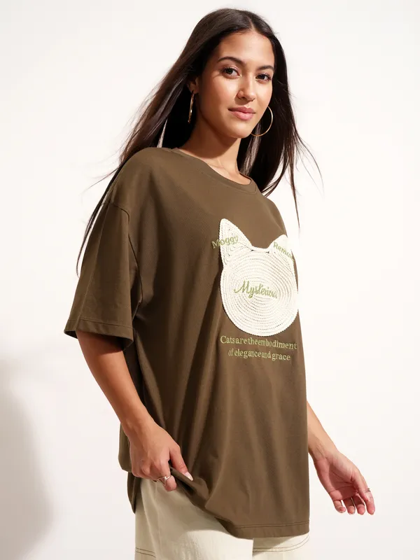 Tokyo Talkies Women Brown Applique Round Neck Oversized Fit T-Shirt