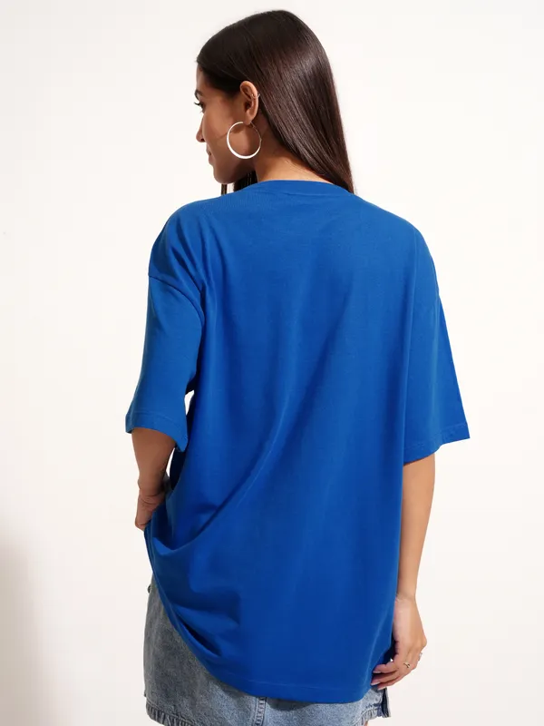 Tokyo Talkies Women Blue Applique Round Neck Oversized Fit T-Shirt
