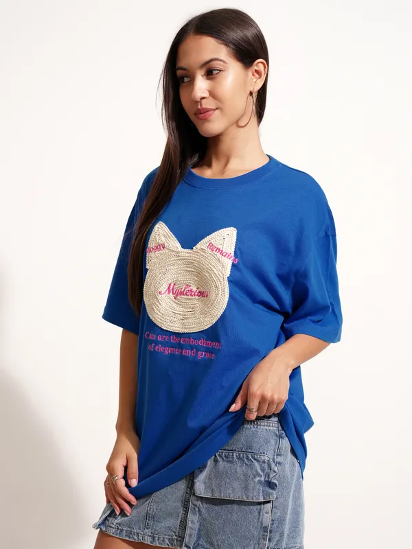 Tokyo Talkies Women Blue Applique Round Neck Oversized Fit T-Shirt
