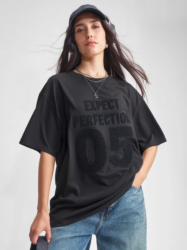 Tokyo Talkies Women Black Applique Round Neck Oversized Fit T-Shirt