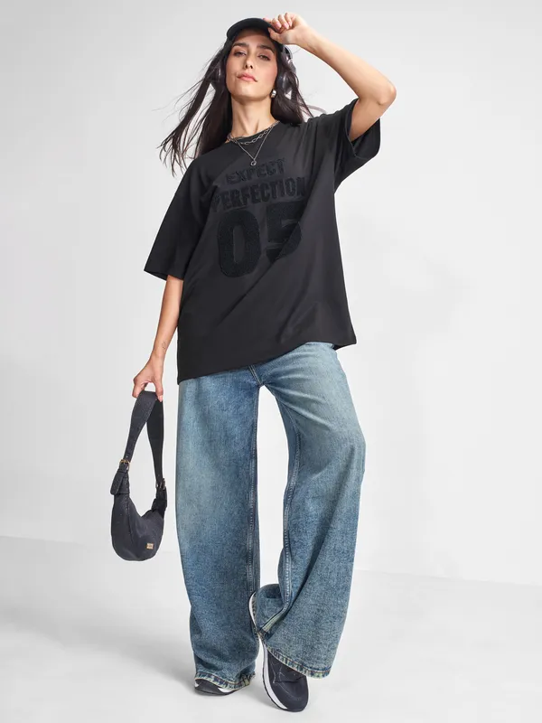 Tokyo Talkies Women Black Applique Round Neck Oversized Fit T-Shirt