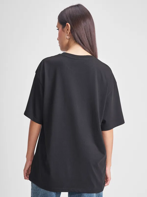 Tokyo Talkies Women Black Applique Round Neck Oversized Fit T-Shirt