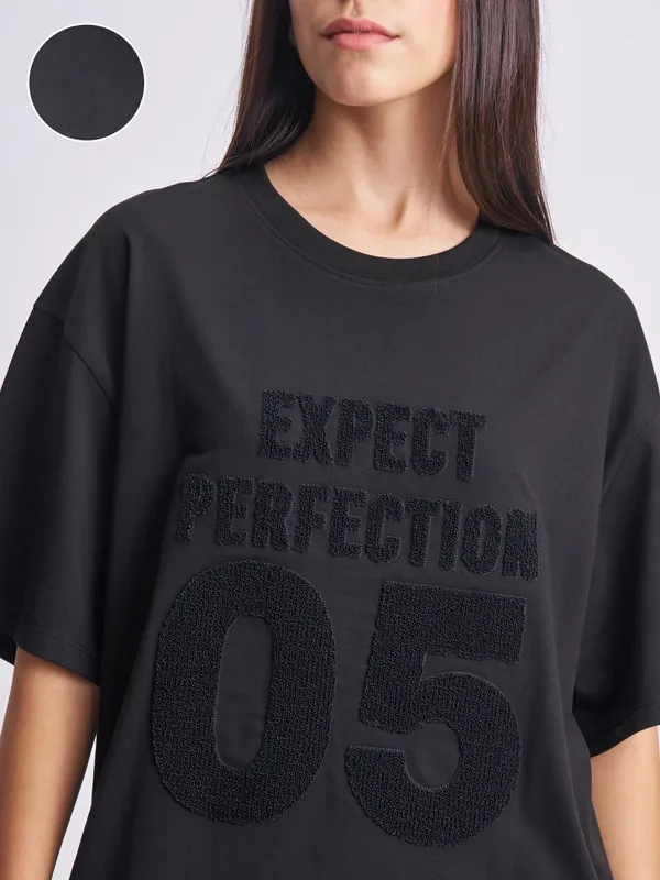 Tokyo Talkies Women Black Applique Round Neck Oversized Fit T-Shirt