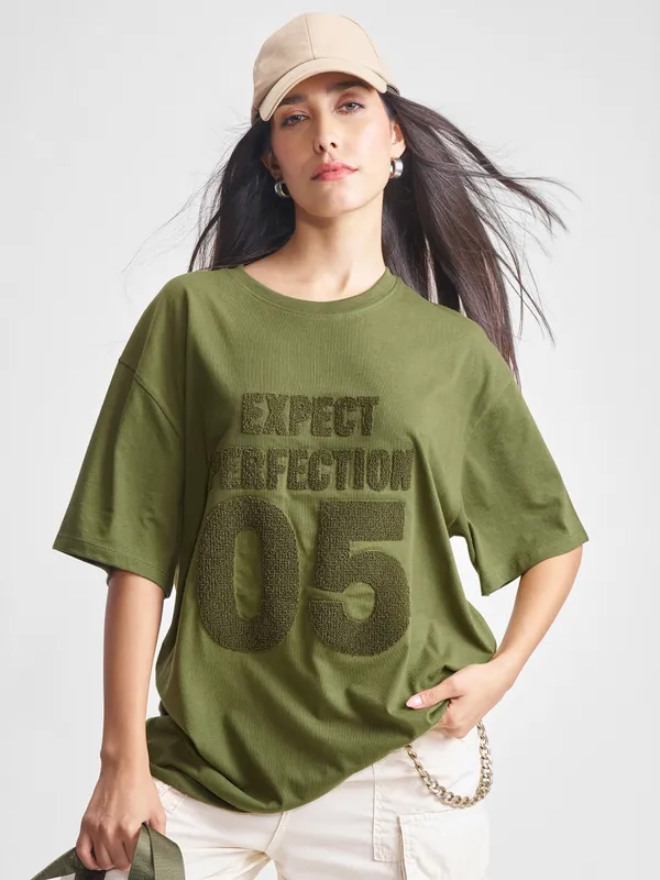 Tokyo Talkies Women Olive Applique Round Neck Oversized Fit T-Shirt