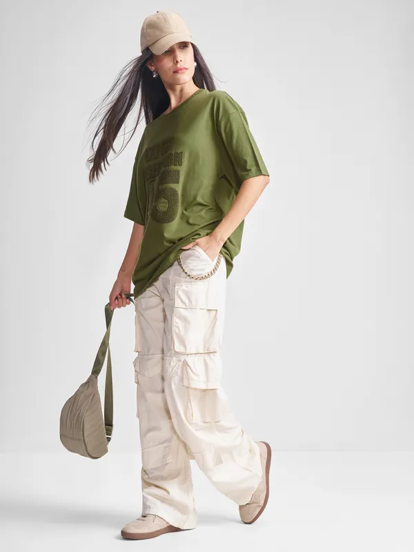 Tokyo Talkies Women Olive Applique Round Neck Oversized Fit T-Shirt