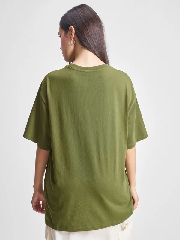 Tokyo Talkies Women Olive Applique Round Neck Oversized Fit T-Shirt