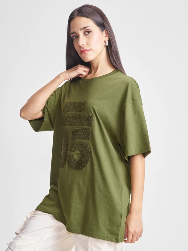 Tokyo Talkies Women Olive Applique Round Neck Oversized Fit T-Shirt