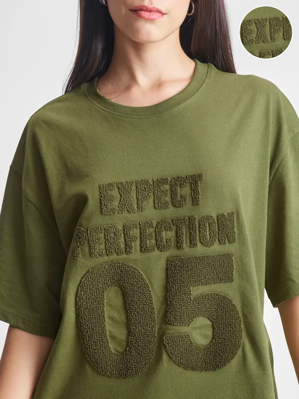 Tokyo Talkies Women Olive Applique Round Neck Oversized Fit T-Shirt