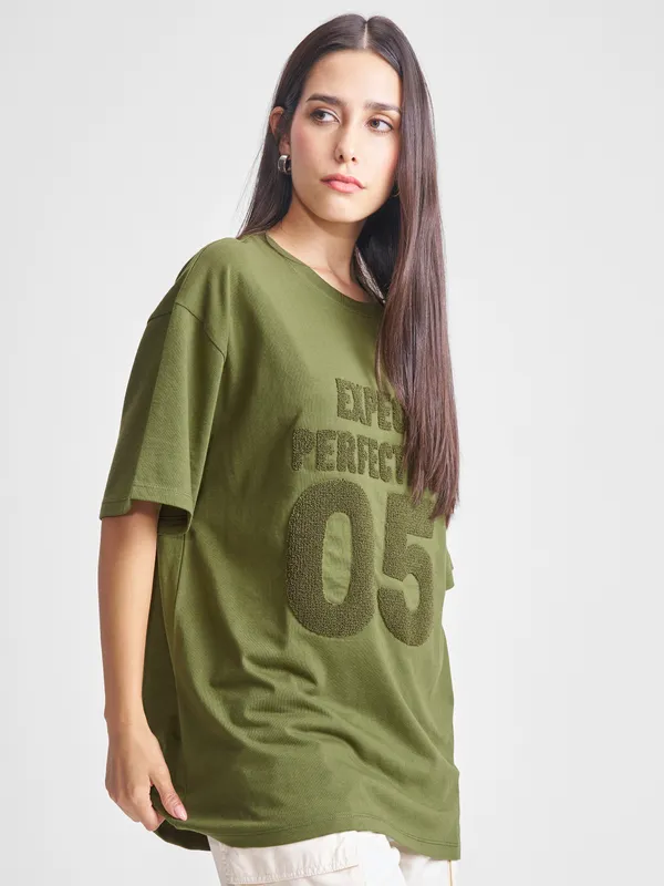 Tokyo Talkies Women Olive Applique Round Neck Oversized Fit T-Shirt
