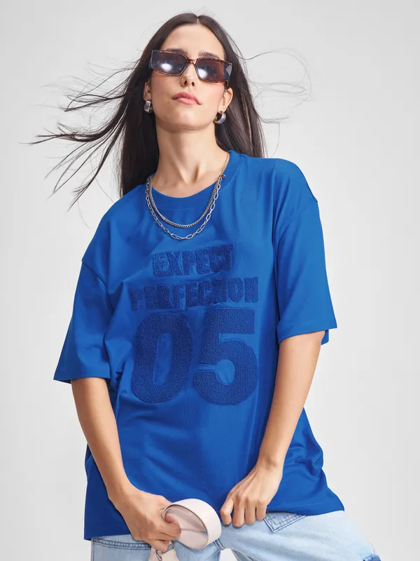 Tokyo Talkies Women Blue Applique Round Neck Oversized Fit T-Shirt