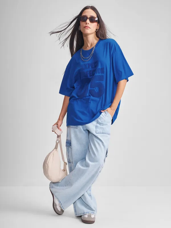 Tokyo Talkies Women Blue Applique Round Neck Oversized Fit T-Shirt