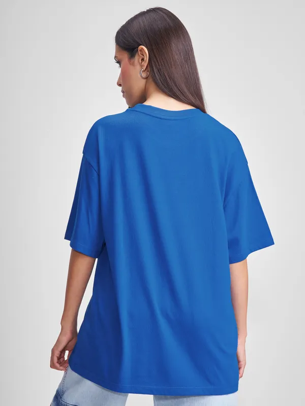 Tokyo Talkies Women Blue Applique Round Neck Oversized Fit T-Shirt