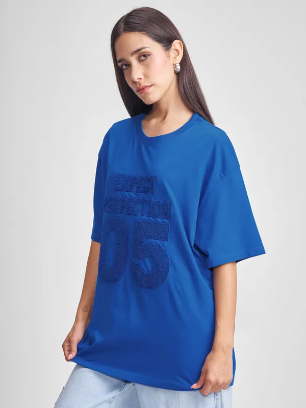 Tokyo Talkies Women Blue Applique Round Neck Oversized Fit T-Shirt