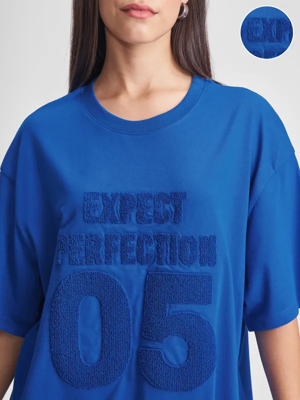 Tokyo Talkies Women Blue Applique Round Neck Oversized Fit T-Shirt