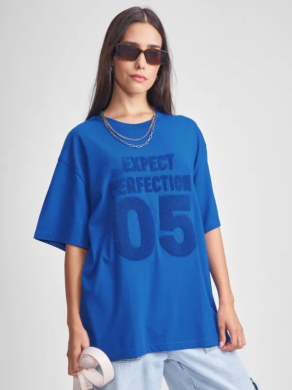 Tokyo Talkies Women Blue Applique Round Neck Oversized Fit T-Shirt