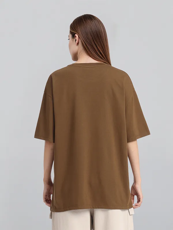 Street By Tokyo Talkies Women Brown Applique Round Neck Oversized Fit T-Shirt