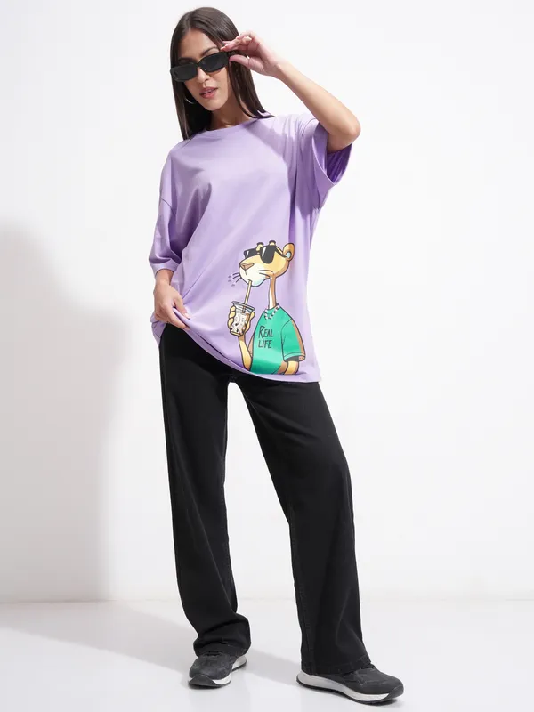 Tokyo Talkies Women Purple Printed Round Neck Oversized Fit T-Shirt