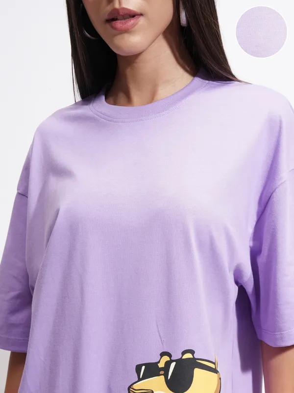 Tokyo Talkies Women Purple Printed Round Neck Oversized Fit T-Shirt