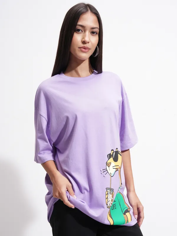 Tokyo Talkies Women Purple Printed Round Neck Oversized Fit T-Shirt