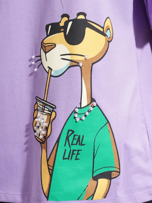 Tokyo Talkies Women Purple Printed Round Neck Oversized Fit T-Shirt