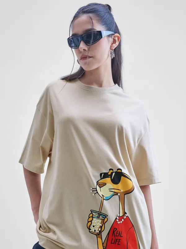 Street By Tokyo Talkies Women Beige Printed Round Neck Oversized Fit T-Shirt