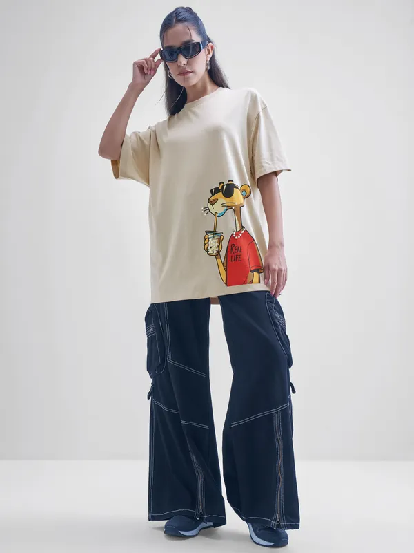 Street By Tokyo Talkies Women Beige Printed Round Neck Oversized Fit T-Shirt