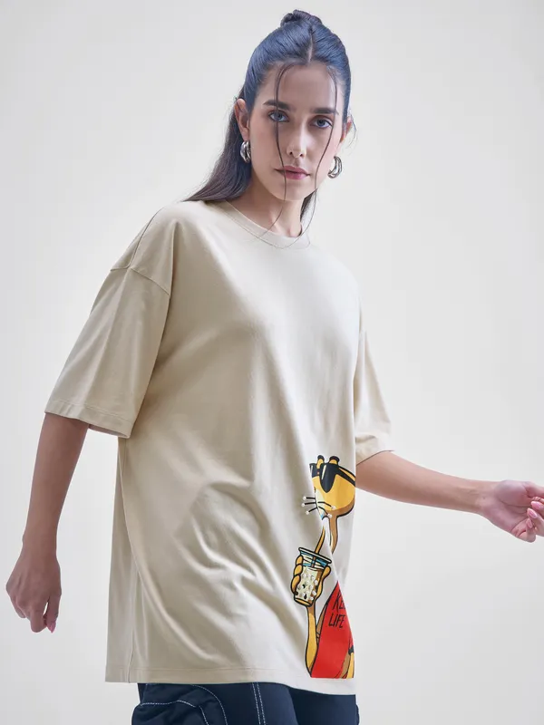 Street By Tokyo Talkies Women Beige Printed Round Neck Oversized Fit T-Shirt
