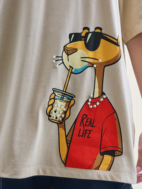 Street By Tokyo Talkies Women Beige Printed Round Neck Oversized Fit T-Shirt