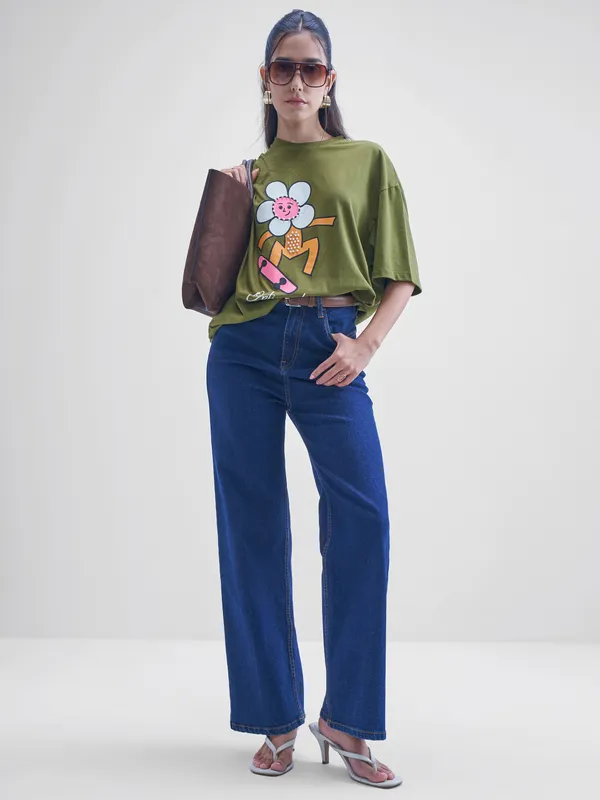 Street By Tokyo Talkies Women Olive Printed Round Neck Oversized Fit T-Shirt