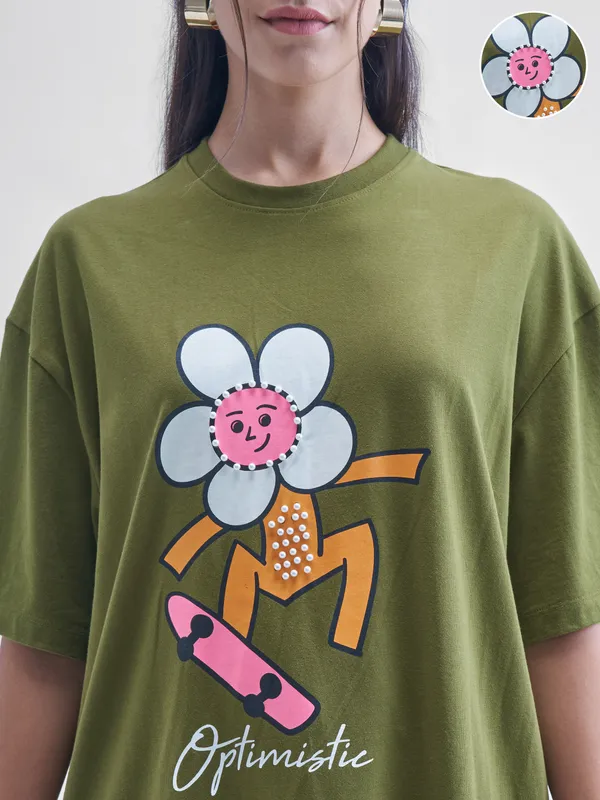 Street By Tokyo Talkies Women Olive Printed Round Neck Oversized Fit T-Shirt