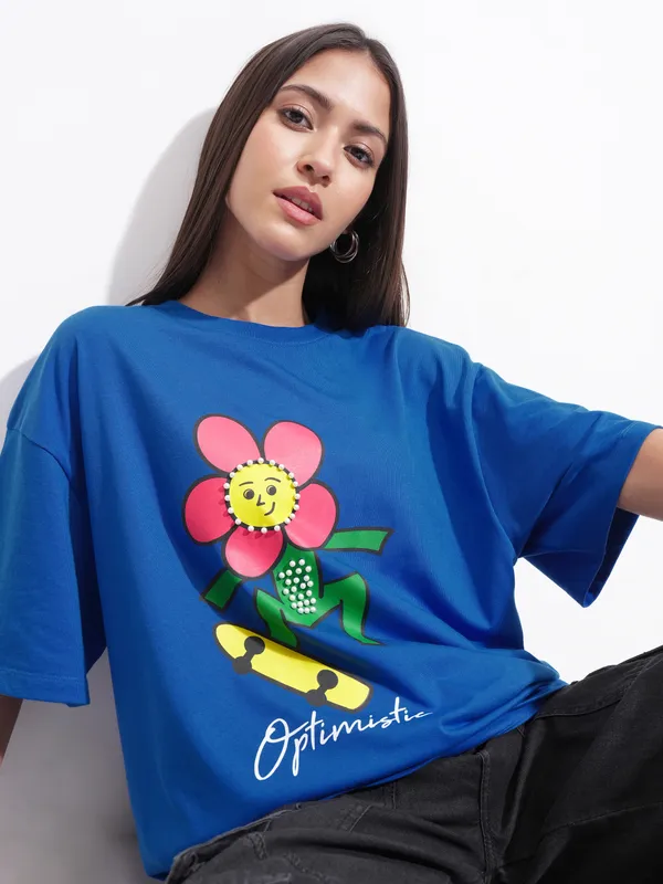 Tokyo Talkies Women Blue Printed Round Neck Oversized Fit T-Shirt