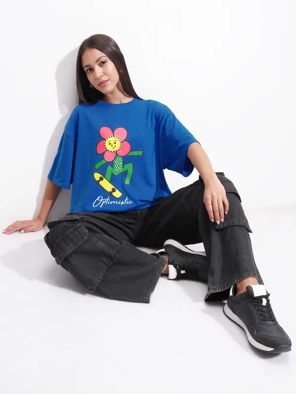 Tokyo Talkies Women Blue Printed Round Neck Oversized Fit T-Shirt