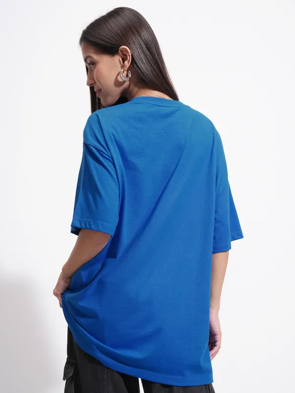 Tokyo Talkies Women Blue Printed Round Neck Oversized Fit T-Shirt