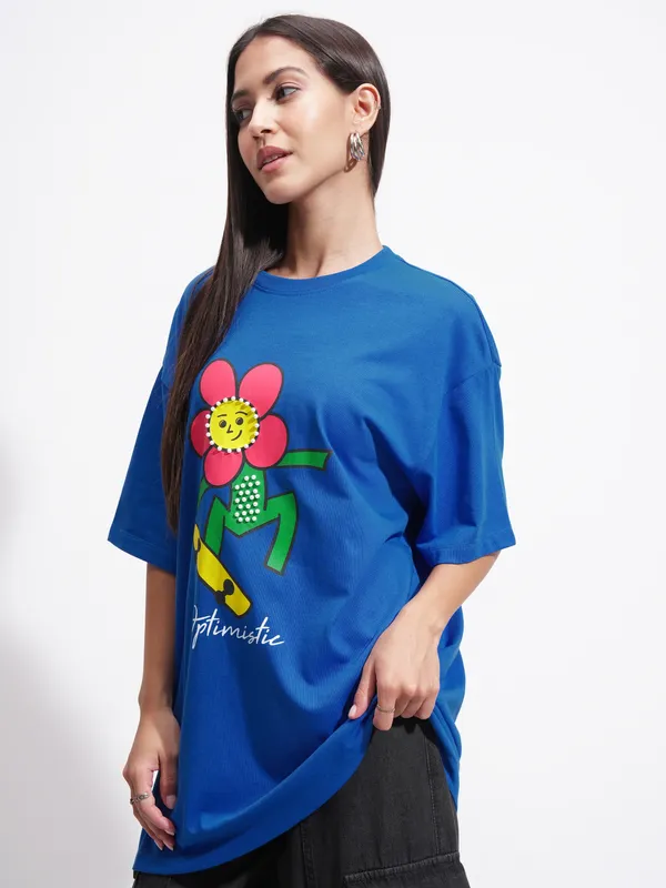 Tokyo Talkies Women Blue Printed Round Neck Oversized Fit T-Shirt