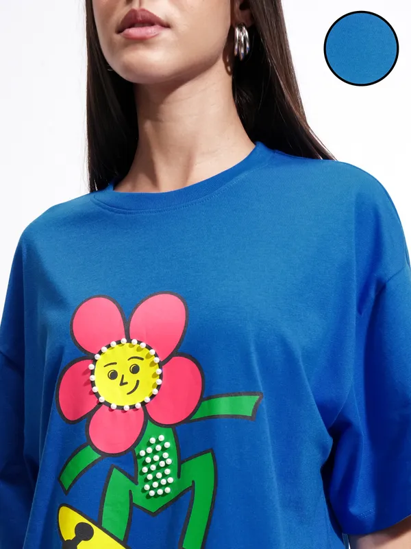 Tokyo Talkies Women Blue Printed Round Neck Oversized Fit T-Shirt
