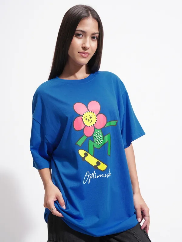 Tokyo Talkies Women Blue Printed Round Neck Oversized Fit T-Shirt