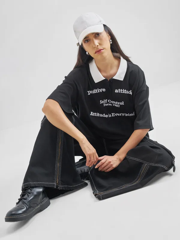Street By Tokyo Talkies Women Black Printed Polo Collar Oversized Fit Polo T-Shirt