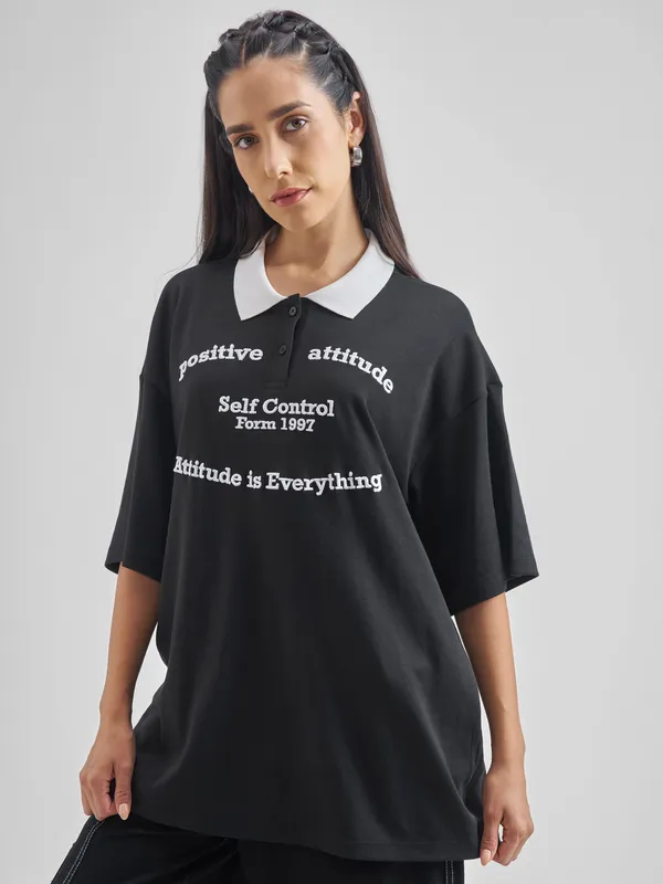 Street By Tokyo Talkies Women Black Printed Polo Collar Oversized Fit Polo T-Shirt