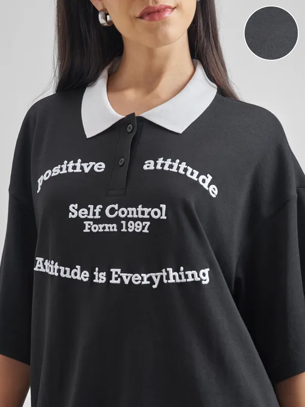 Street By Tokyo Talkies Women Black Printed Polo Collar Oversized Fit Polo T-Shirt