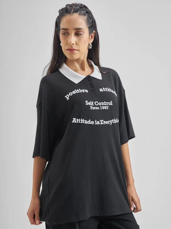 Street By Tokyo Talkies Women Black Printed Polo Collar Oversized Fit Polo T-Shirt