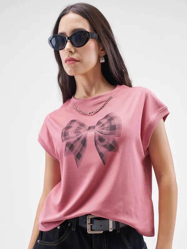 Street By Tokyo Talkies Women Pink Printed Round Neck T-Shirt