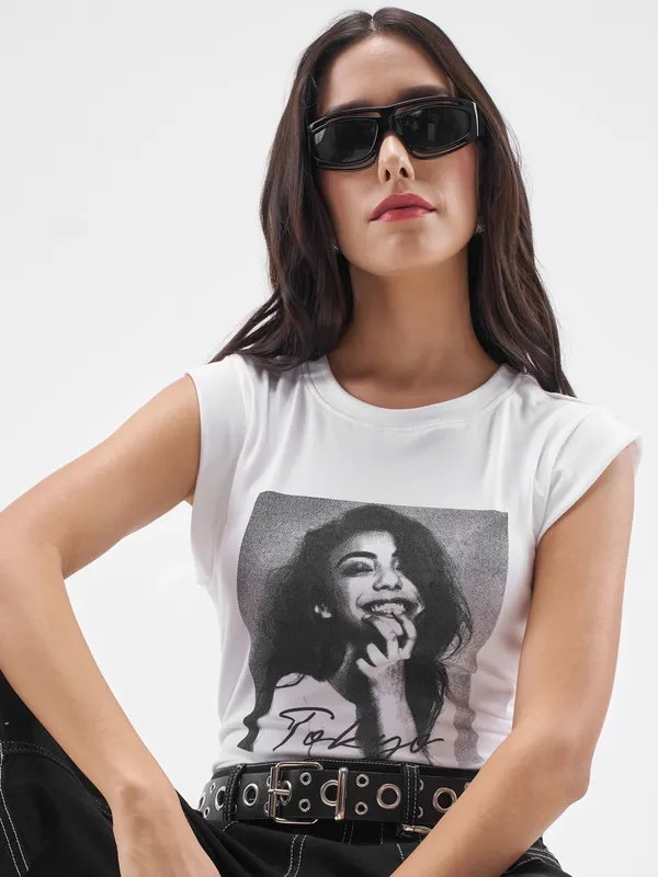 Street By Tokyo Talkies Women White Printed Round Neck T-Shirt