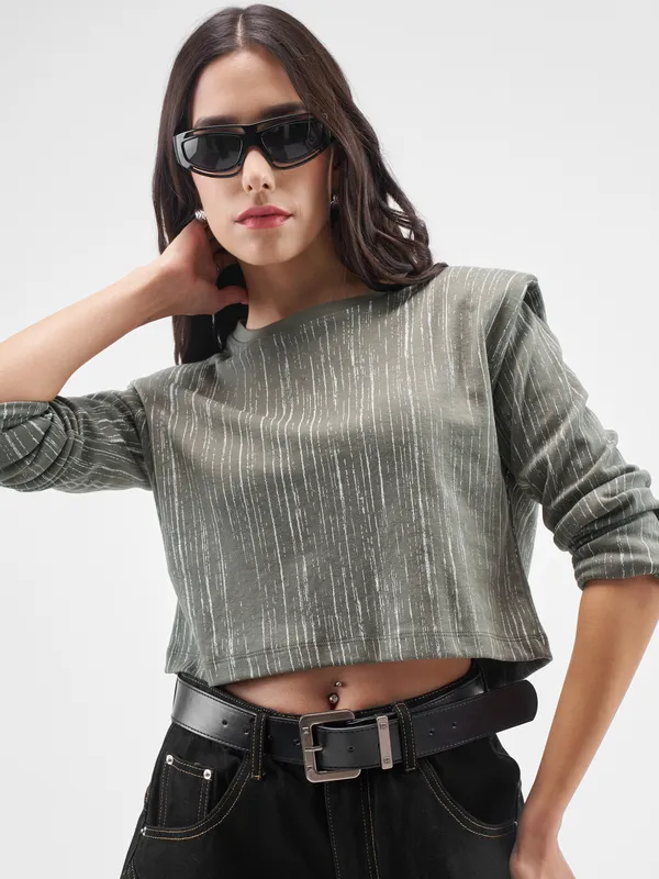 Tokyo Talkies Women Olive Printed Round Neck T-Shirt