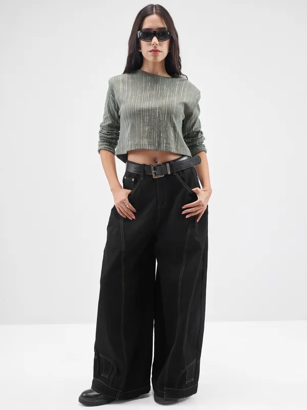 Tokyo Talkies Women Olive Printed Round Neck T-Shirt