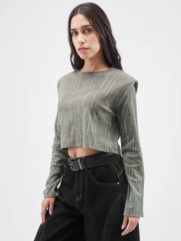 Tokyo Talkies Women Olive Printed Round Neck T-Shirt